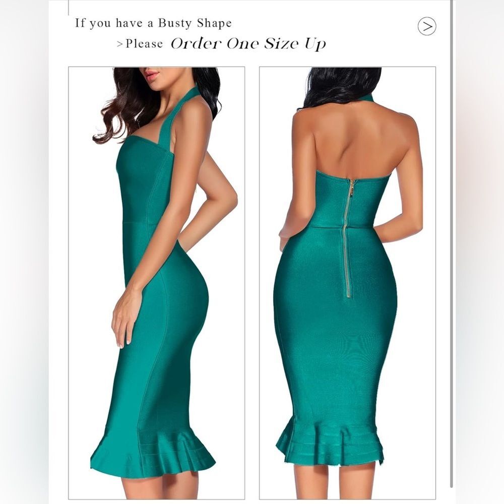 Women's V Neck Halter Fishtail Bandage Bodycon Dress L EUC peacock green - Picture 2 of 14